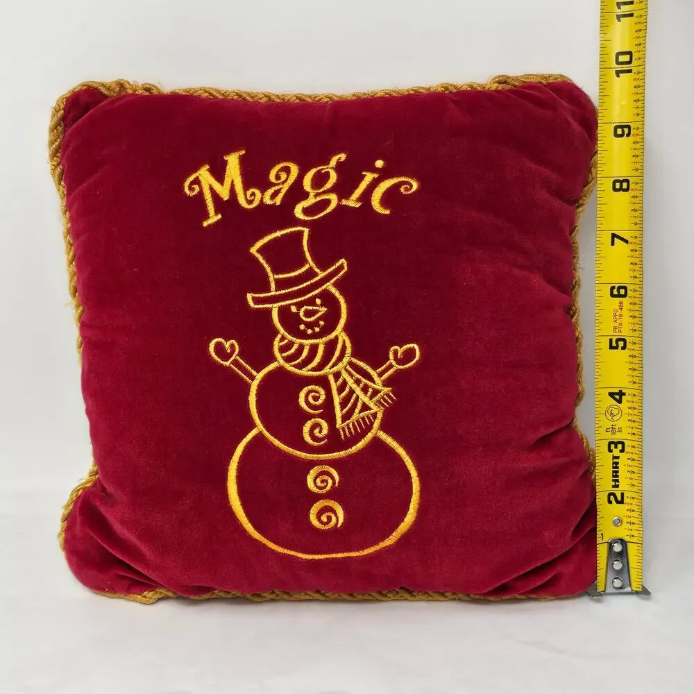 Christmas Throw Pillow Snowman Embroidered Velvet Red Gold 10 x 10 Inch Square